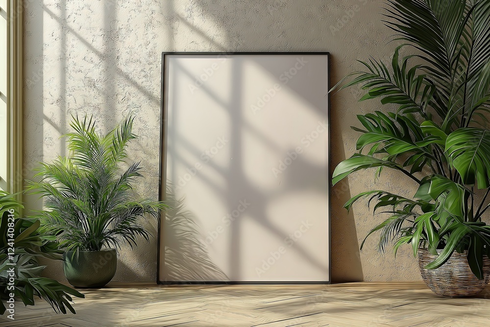 Blank Vertical Poster Frame Surrounded By Greenhouse Plants in Bright Natural Lighting - Mockup Blank Vertical Poster Frame Surrounded By Greenhouse Plants in Bright Natural Lighting - Mockup