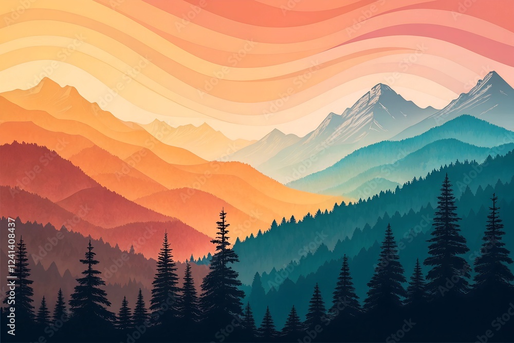 Obraz premium Colorful Mountain Landscape Illustration at Sunset