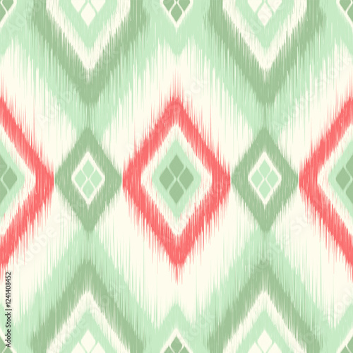 Seamless Ethnic Tribal Fabric Design with Soft Green and Red Diamond Motifs. Modern Minimal Ikat Pattern. Pastel Ikat Pattern and Coral Geometric Diamond Shapes for Textile. Vector illustration.