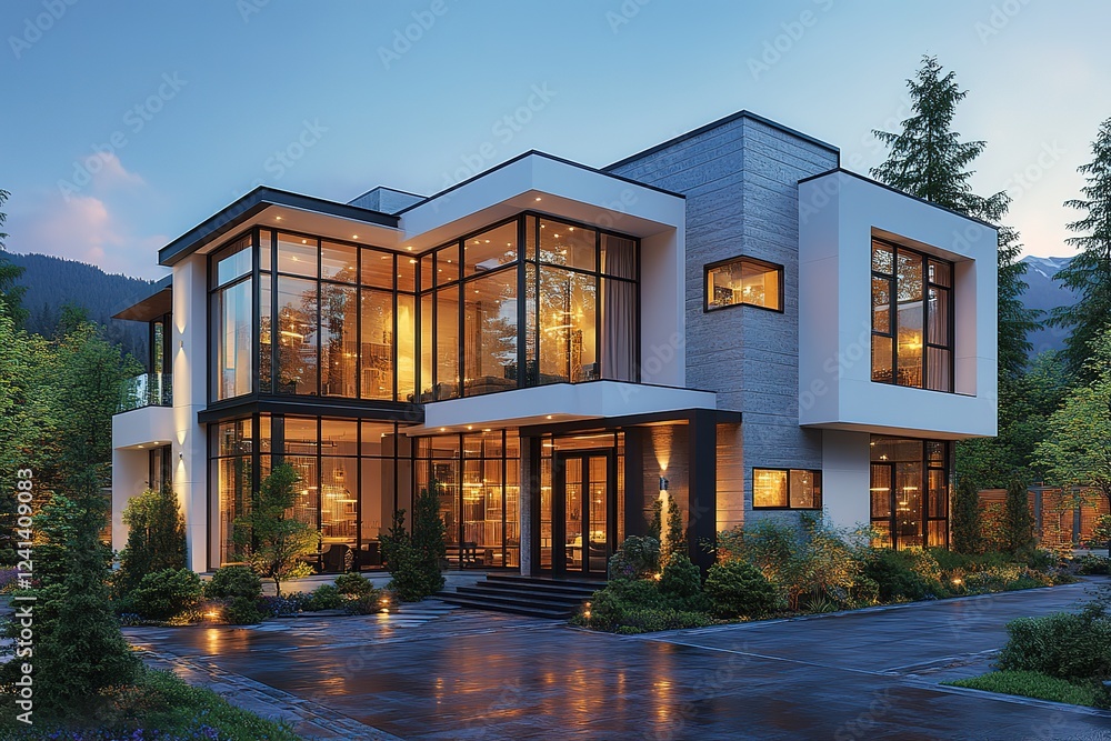 Fototapeta premium Modern architectural marvel A stunning home illuminated at dusk showcasing expansive glass windows and sleek design