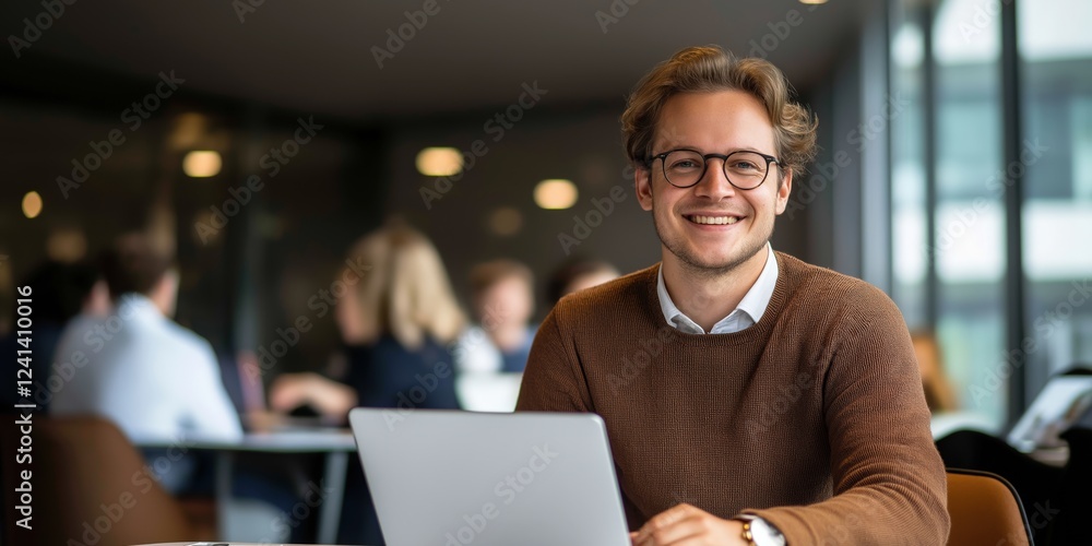 Obraz premium Young Professional Working on Laptop in a Modern Office – Productivity and Innovation