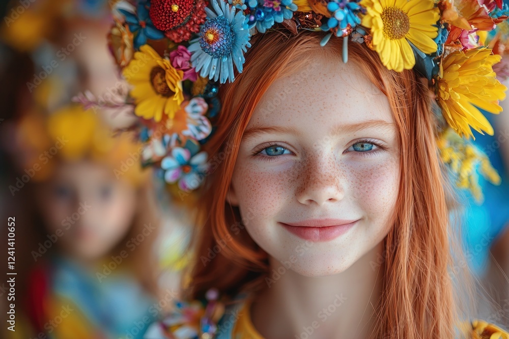Smiling girl with curly red hair wearing a floral headpiece surrounded by colorful balloons at a festive celebration Generative AI Smiling girl with curly red hair wearing a floral headpiece surrounded by colorful balloons at a festive celebration Generative AI