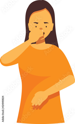 Woman experiencing nausea, covering her nose and mouth with her hand