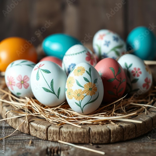 Easter egg display hand-painted easter eggs on rustic wooden background with hay providing a perfect space for text easter background background celebration easter design holiday photo