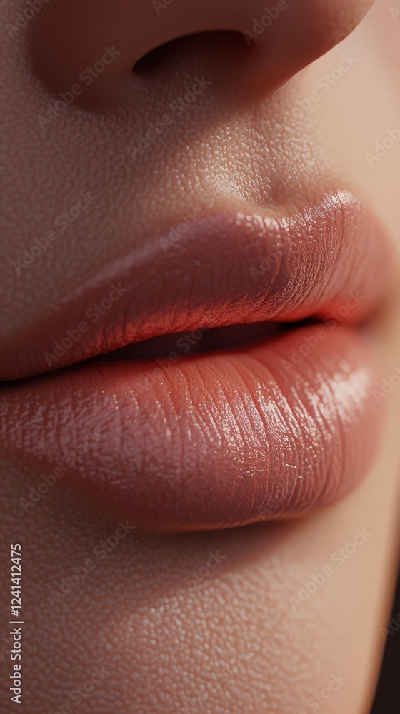 Fototapeta premium Close-up of lips with makeup in soft blush pink tones. Naturally beautiful lips with precise detail.