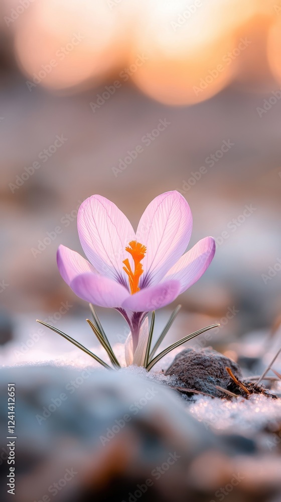 Delicate Crocus Blooming through Snow at Sunset, Capturing the Beauty of Early Spring Transition Delicate Crocus Blooming through Snow at Sunset, Capturing the Beauty of Early Spring Transition