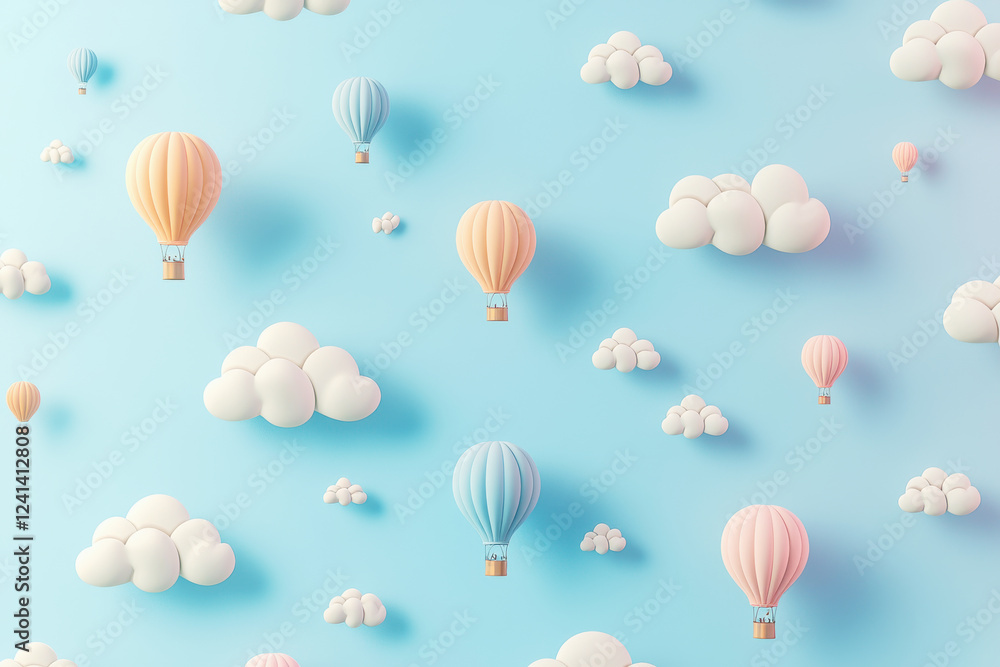 Fototapeta premium Whimsical clouds and hot air balloons dance in a dreamy light blue sky backdrop