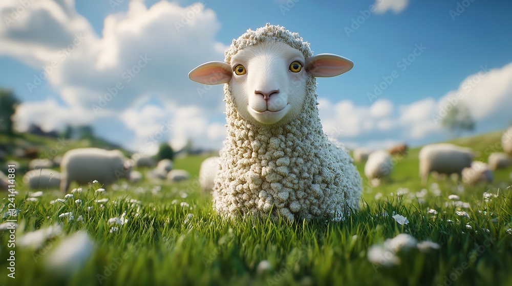 Obraz premium Adorable Sheep in a Sunny Meadow