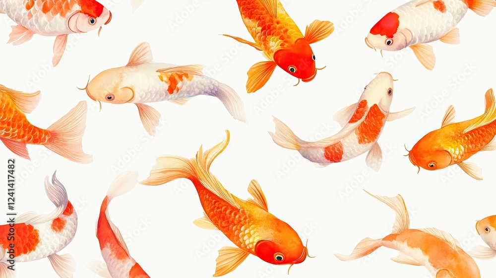A white canvas featuring an abstract watercolor illustration of koi carp fish A white canvas featuring an abstract watercolor illustration of koi carp fish