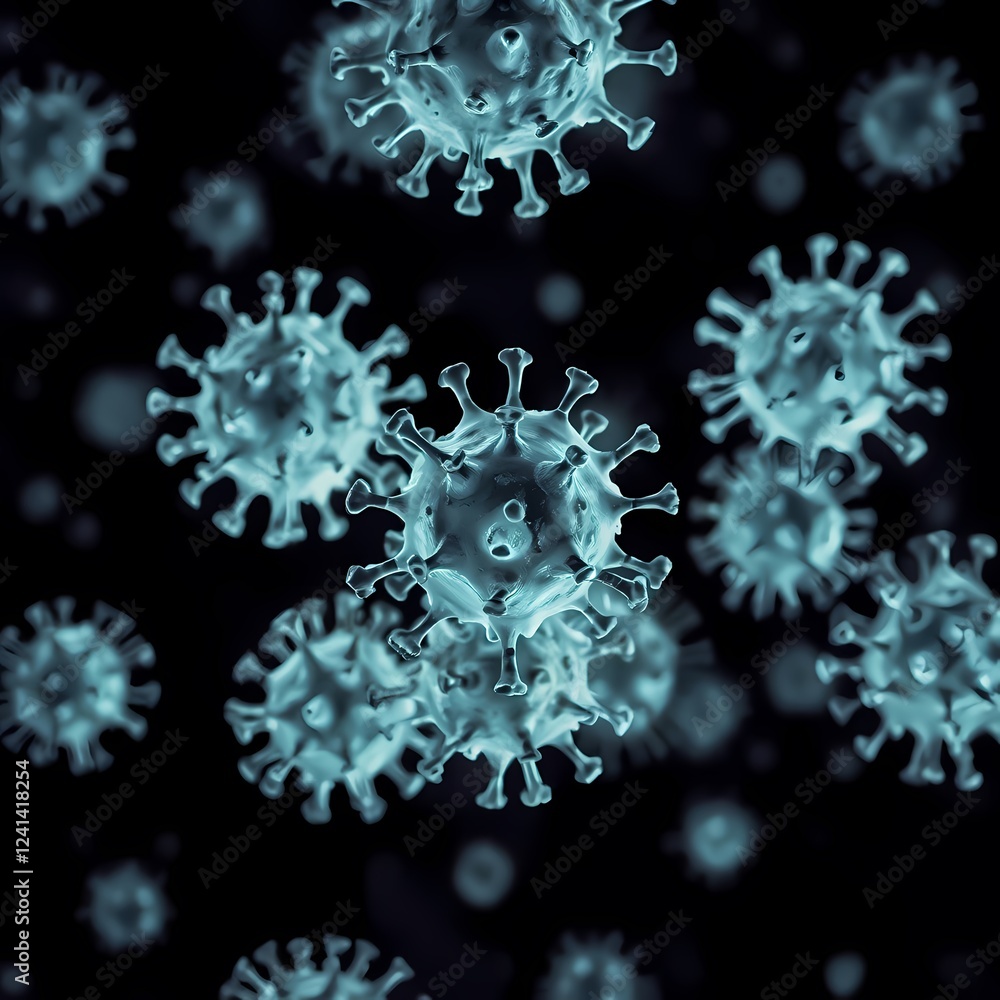 Obraz premium Microscopic view of viruses floating in dark space with intricate structures and fine details. Generative AI