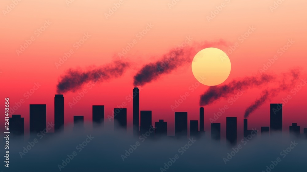 Fototapeta premium Industrial Skyline with Smokestacks and Sunset Over Cityscape