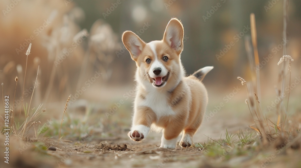 A lovable corgi puppy with short legs and a big smile running towards the camera A lovable corgi puppy with short legs and a big smile running towards the camera