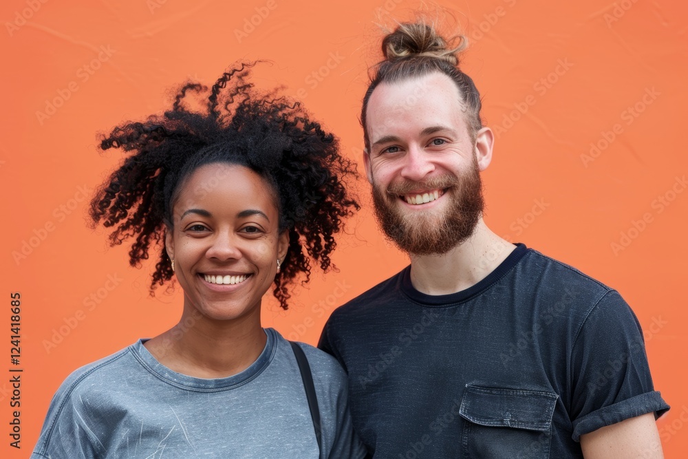 Fototapeta premium Portrait of a smiling mixed race couple in their 30s dressed in a casual t-shirt isolated on soft orange background