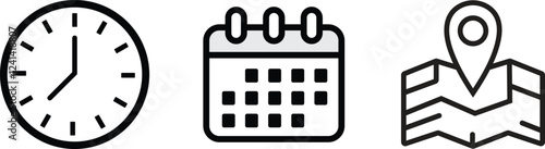 Time, Date and Location line Icon Set. Single high quality outline symbol for web design or mobile app.