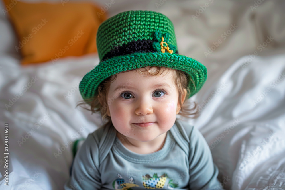 A young child wearing a green hat and a green sweater. The child is smiling and looking at the camera. Patrick's Day concept photo. Little person is in Irish costume A young child wearing a green hat and a green sweater. The child is smiling and looking at the camera. Patrick's Day concept photo. Little person is in Irish costume