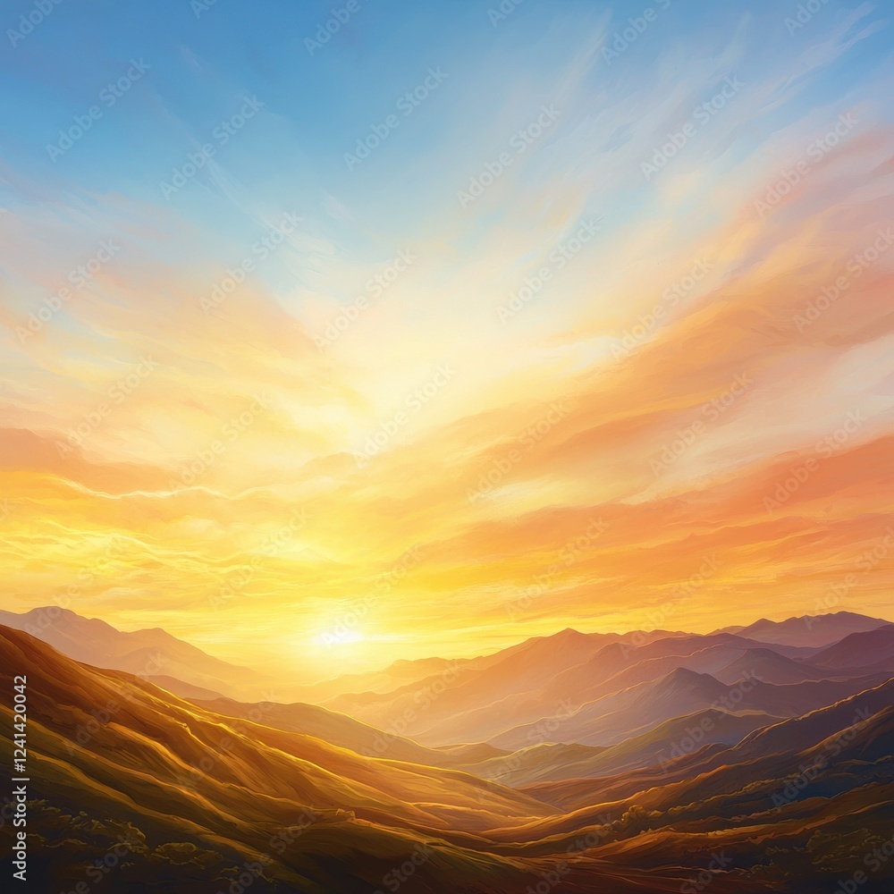 Fototapeta premium Sunrise over rolling hills scenic landscape nature expansive view golden light concept