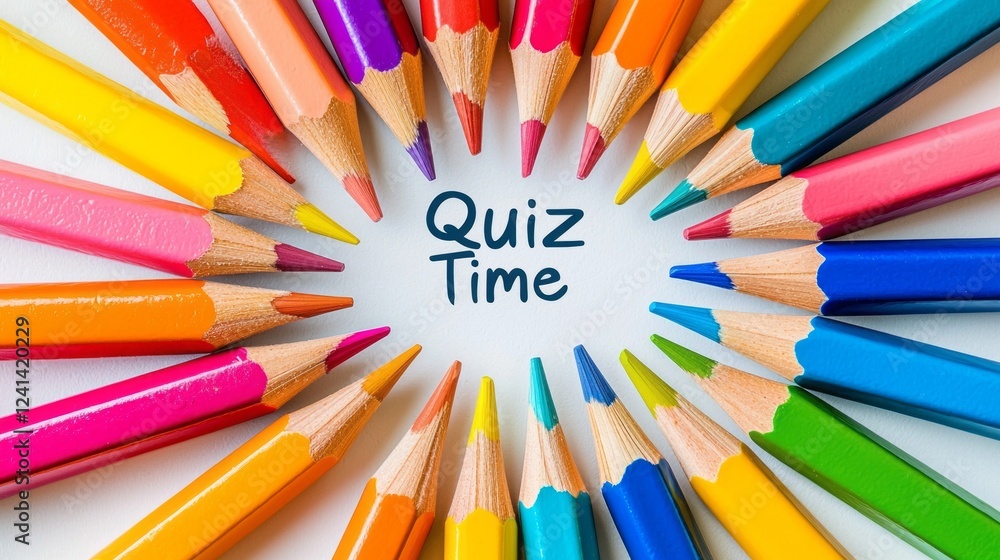 A lively display features an array of colored pencils arranged in a circular pattern, encircling the cheerful words quiz time in the center, inviting creativity and fun A lively display features an array of colored pencils arranged in a circular pattern, encircling the cheerful words quiz time in the center, inviting creativity and fun