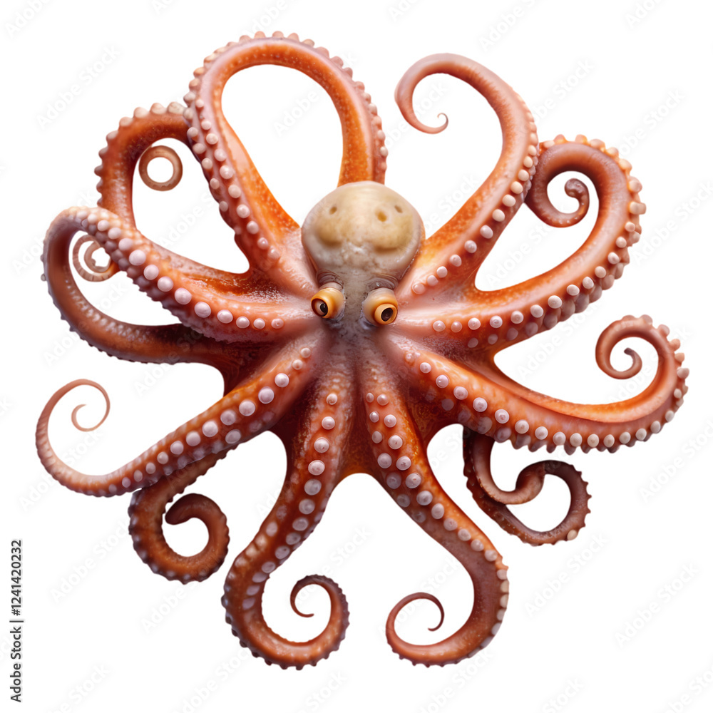 Obraz premium Detailed closeup of an orange octopus with curled tentacles against sea on transparent background