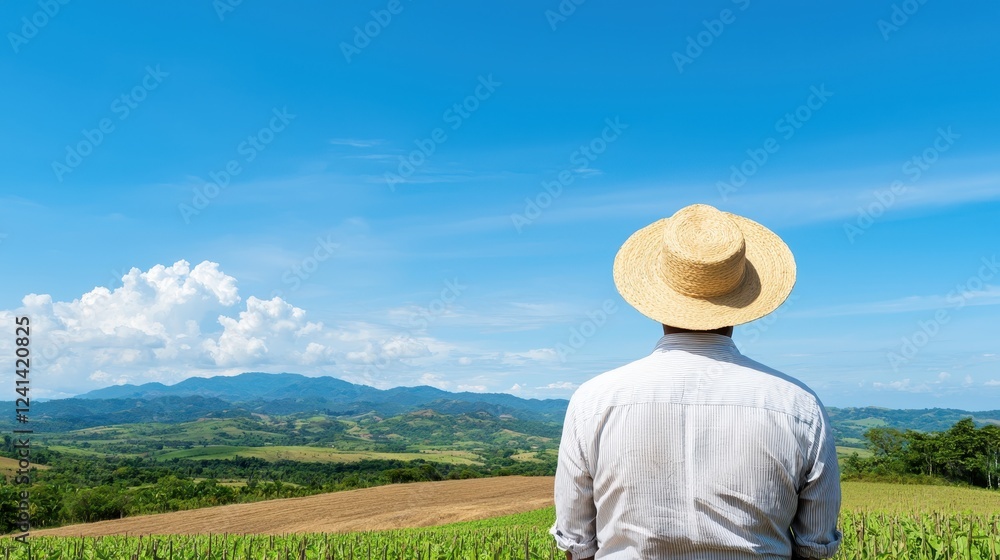 Farmer in Straw Hat Gazing at Expansive Green Landscape under Blue Sky Farmer in Straw Hat Gazing at Expansive Green Landscape under Blue Sky