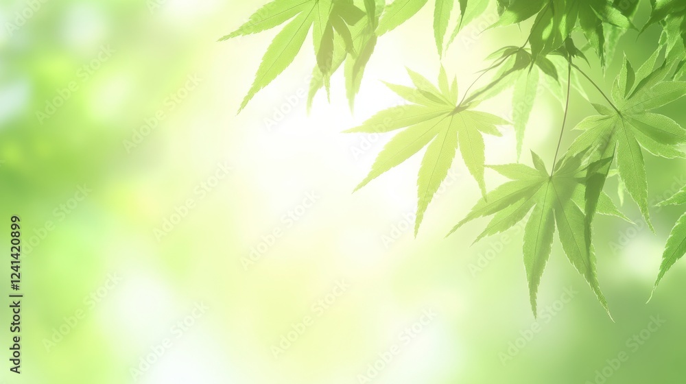 Naklejka premium Gentle breeze moving through green maple leaves lush forest nature scene tranquil environment close-up view serenity