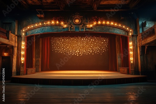 Empty puppetry stage enhanced by gobo pattern lighting and dramatic spotlights, capturing the mood of creativity and storytelling in the theater. photo