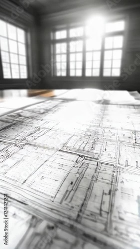 Architectural Blueprint on Table with Natural Light Streaming Through Windows in Spacious Room