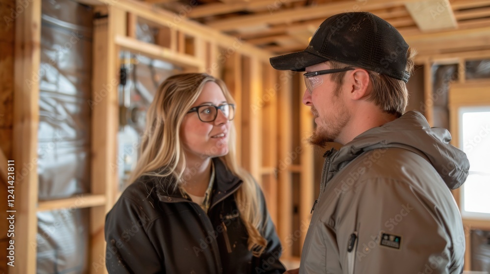 Client and engineer discussing ventilation systems in a room under construction Client and engineer discussing ventilation systems in a room under construction