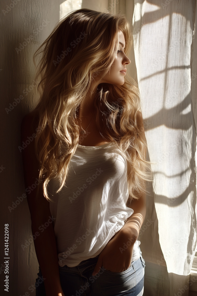 Fototapeta premium Woman with long blonde hair by a window