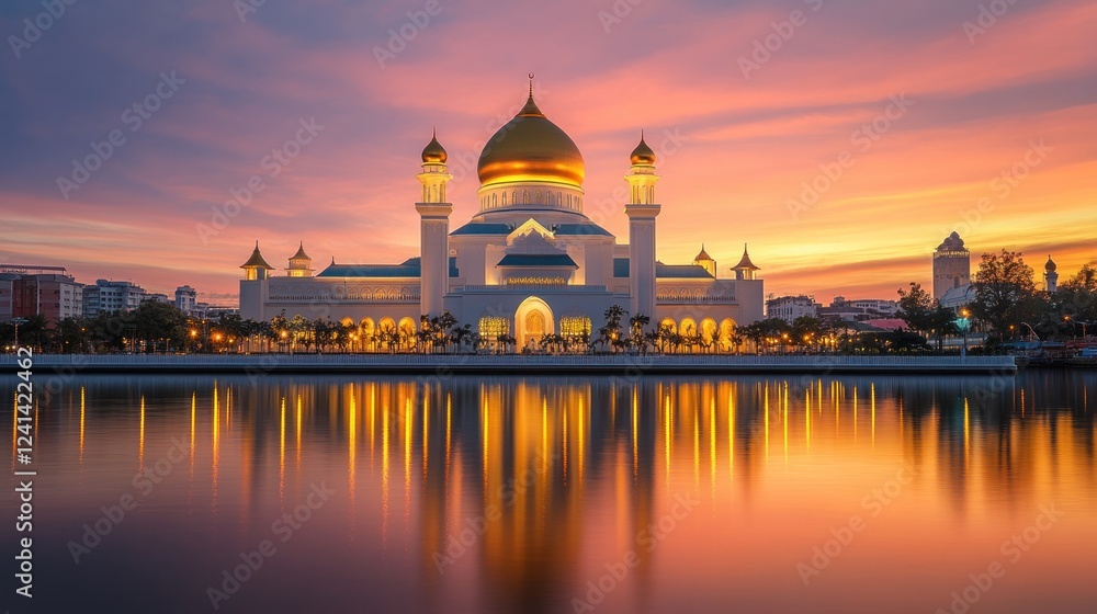 Naklejka premium Majestic Sultan Omar Ali Saifuddien Mosque at Sunset