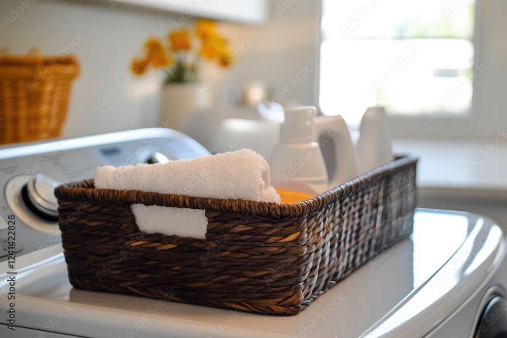 Fototapeta premium Laundry detergent in basket on washing machine surface