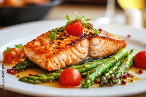 Grilled salmon with mashed potatoes and asparagus dish photo