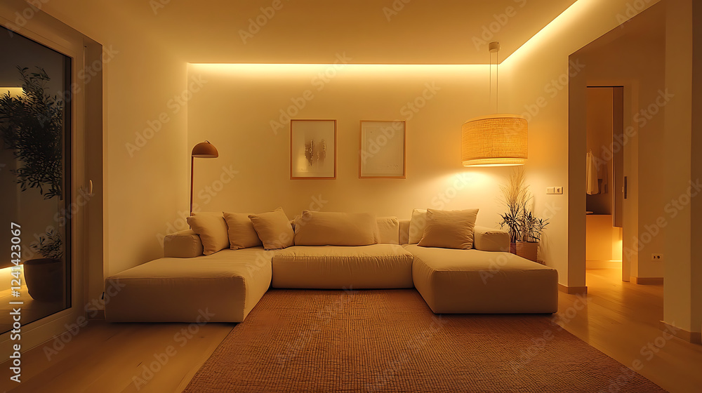 Cozy Modern Living Room Interior with Warm Lighting at Night Cozy Modern Living Room Interior with Warm Lighting at Night