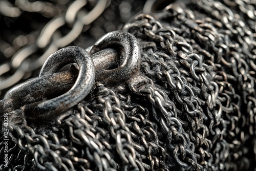 A macro close-up of the chain-mail or hauberk texture, highlighting the intricate metalwork of medieval protective armor photo