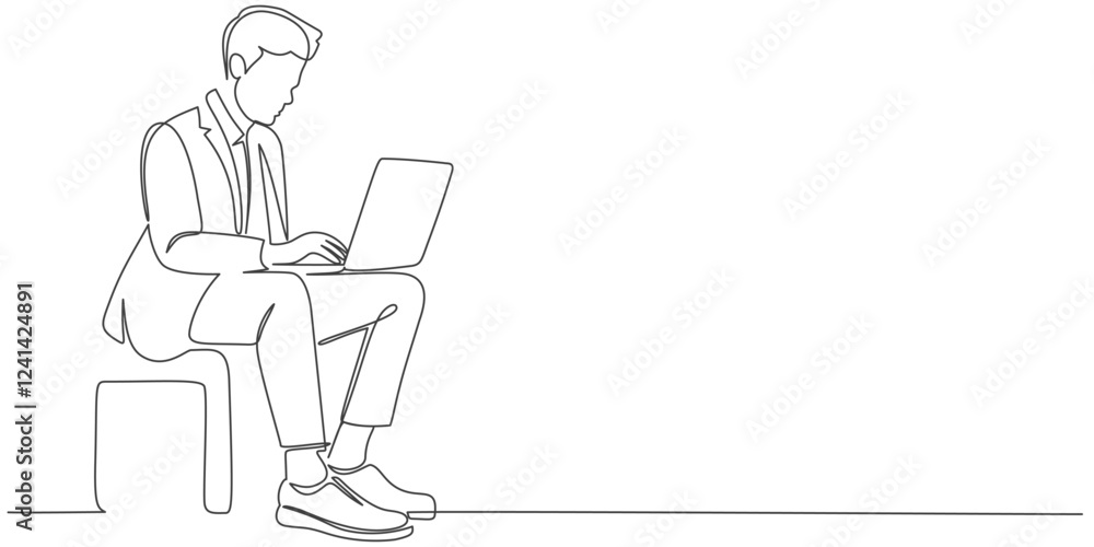 business man working on laptop line art style vector illustration business man working on laptop line art style vector illustration
