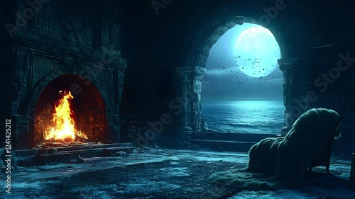 Wallpaper Mural Gothic room with glowing fireplace and ocean view under moonlight creating a serene ambiance. Seamless looping time-lapse animation video background  

 Torontodigital.ca