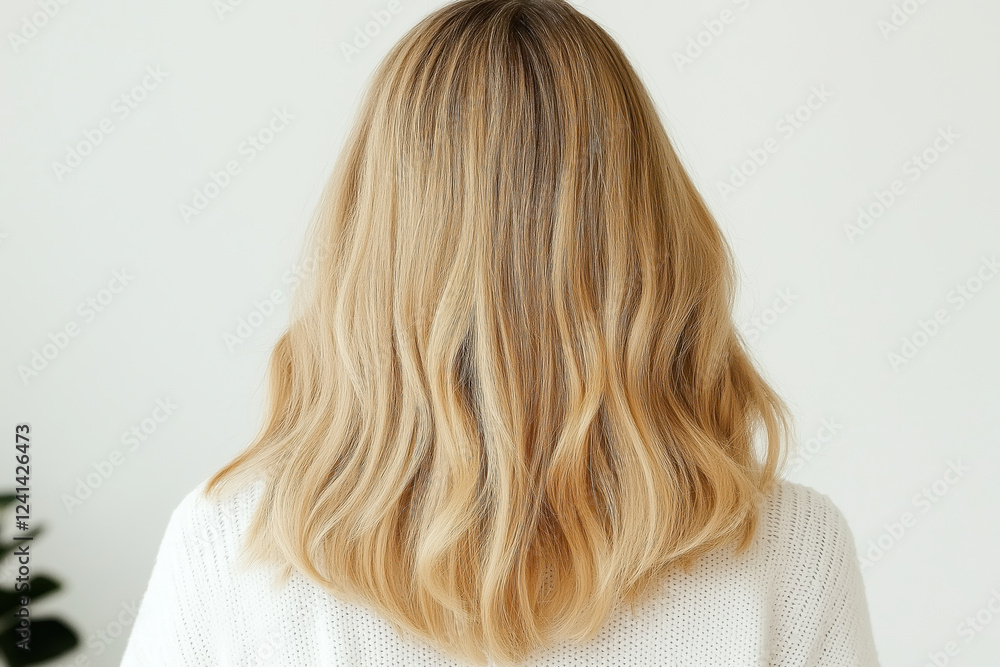 Naklejka premium Blonde caucasian woman with wavy hair from behind against white background