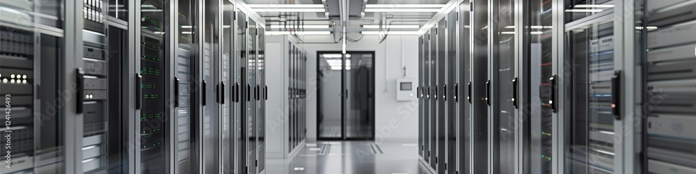 advanced data center with silver server cabinets and sharp focus on detailed front view of technology advanced data center with silver server cabinets and sharp focus on detailed front view of technology