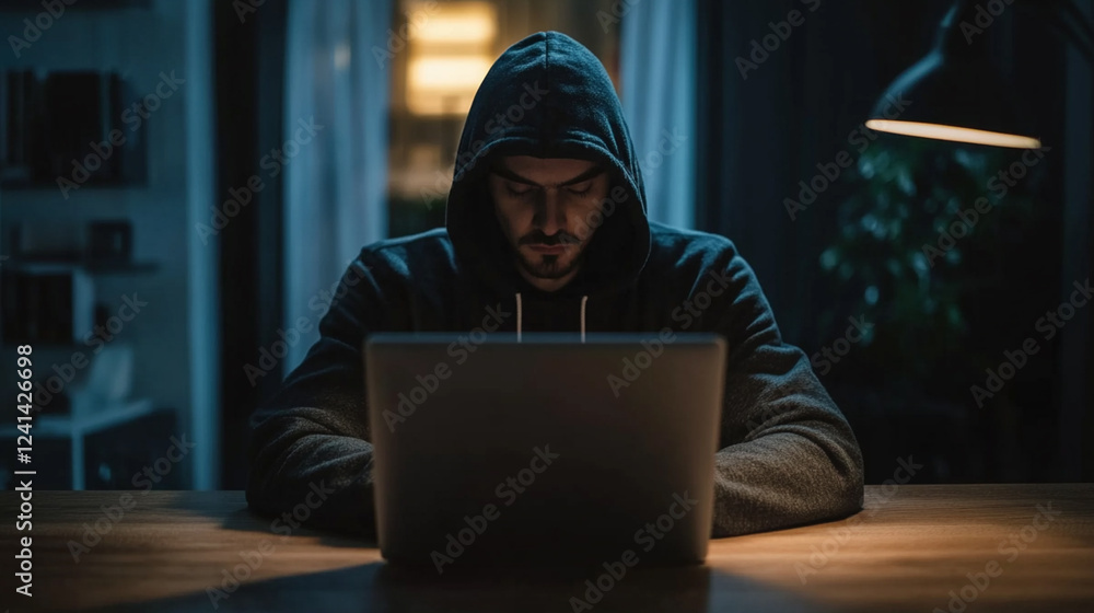 Mysterious Person in Dark Hoodie Working on Laptop at Night with a Focused Expression Mysterious Person in Dark Hoodie Working on Laptop at Night with a Focused Expression