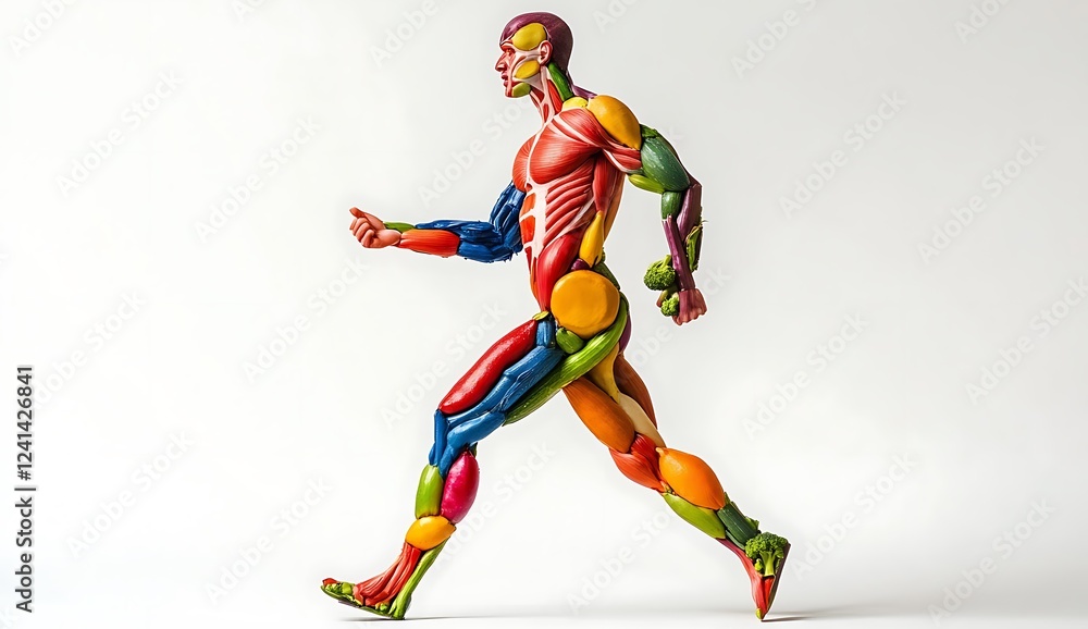 A colorful human figure made of fruits and vegetables, showing muscles through the skin