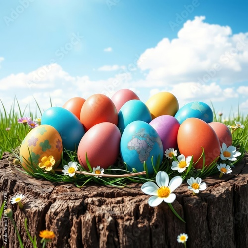 Easter eggs, colorful, vibrant, spring scene, tree stump, grass, daisies, blue sky, fluffy clouds, pastel colors, realistic, high detail, sunny day, nature, outdoor setting, holiday, celebration, macr photo