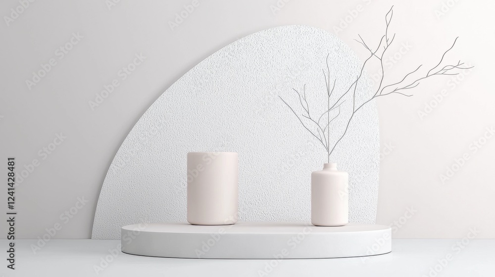 Minimalist vase and cylinder on modern abstract pedestal in neutral tones Minimalist vase and cylinder on modern abstract pedestal in neutral tones