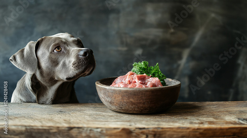 Gray dog looking at raw meat with greens in a wooden bowl on rustic table, natural pet nutrition concept.