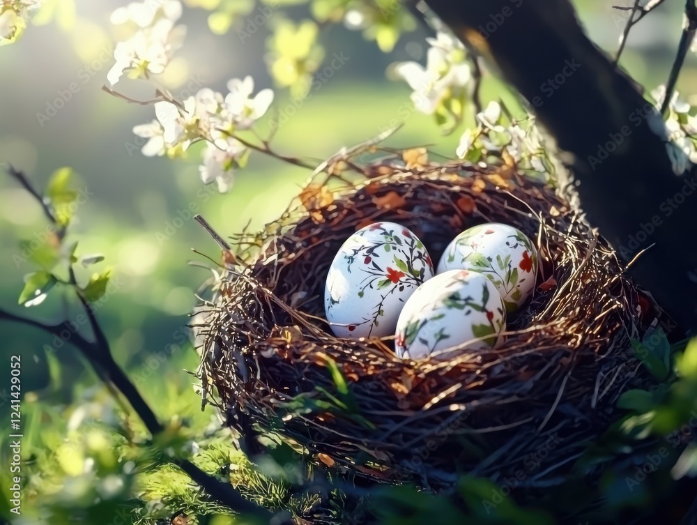 Obraz premium Illustrate rustic nest filled with beautifully painted easter eggs sunlit garden nature scene fresh grass evocative concept