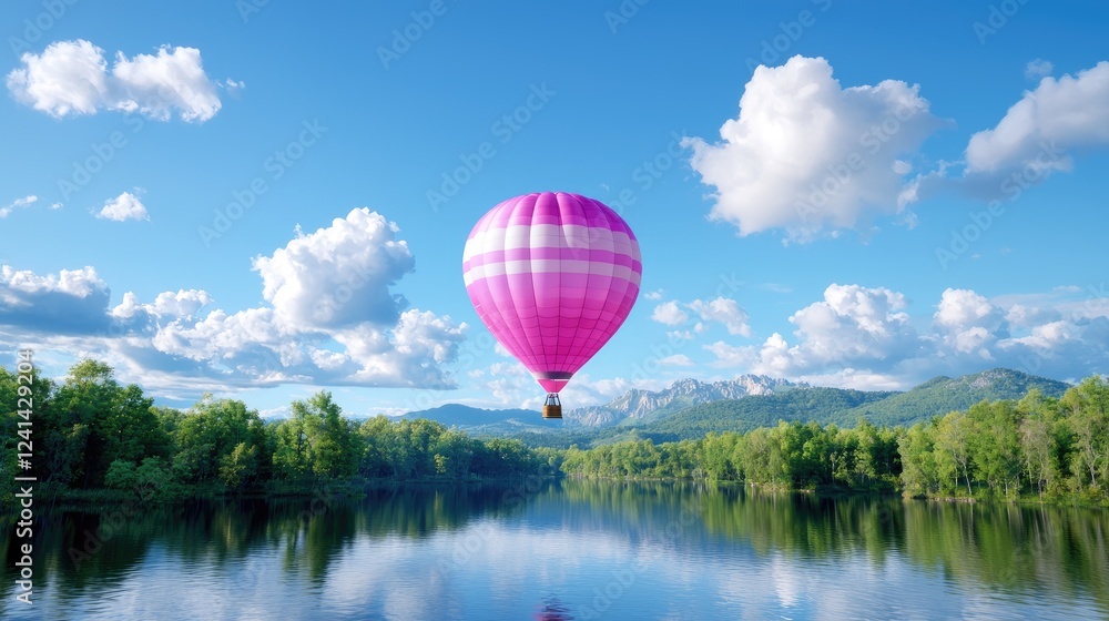 Obraz premium Pink hot air balloon over lake, mountains. Travel, adventure stock photo