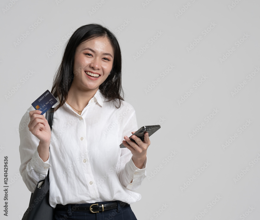 Beautiful Asian woman with credit card and smartphone in hand Beautiful Asian woman with credit card and smartphone in hand