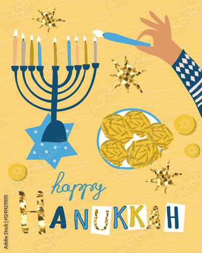 Happy Hanukkah. Vector illustration with  festive inscription. Traditional Jewish festival of light. Background for banner ,poster, web design, greeting card.