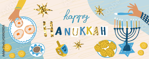 Happy Hanukkah. Vector illustration with  festive inscription. Traditional Jewish festival of light. Background for banner ,poster, web design, greeting card.