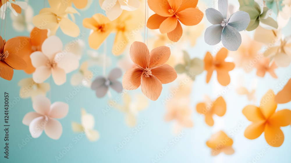 Fototapeta premium Pastel paper flowers on a soft blue background for decor inspiration