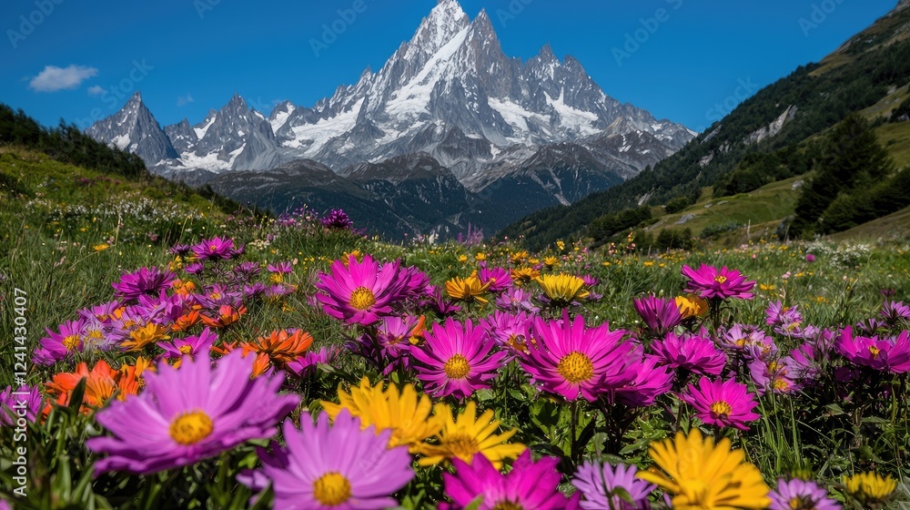 Obraz premium Mountain wildflowers in alpine meadow, majestic peak background