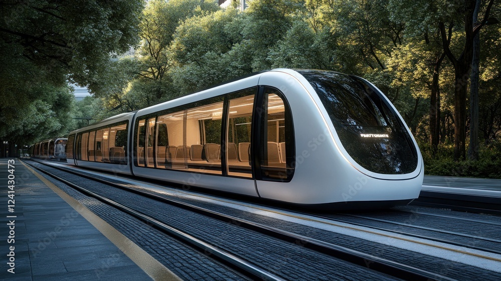 Naklejka premium Futuristic train arriving station, green urban setting, eco-friendly transport